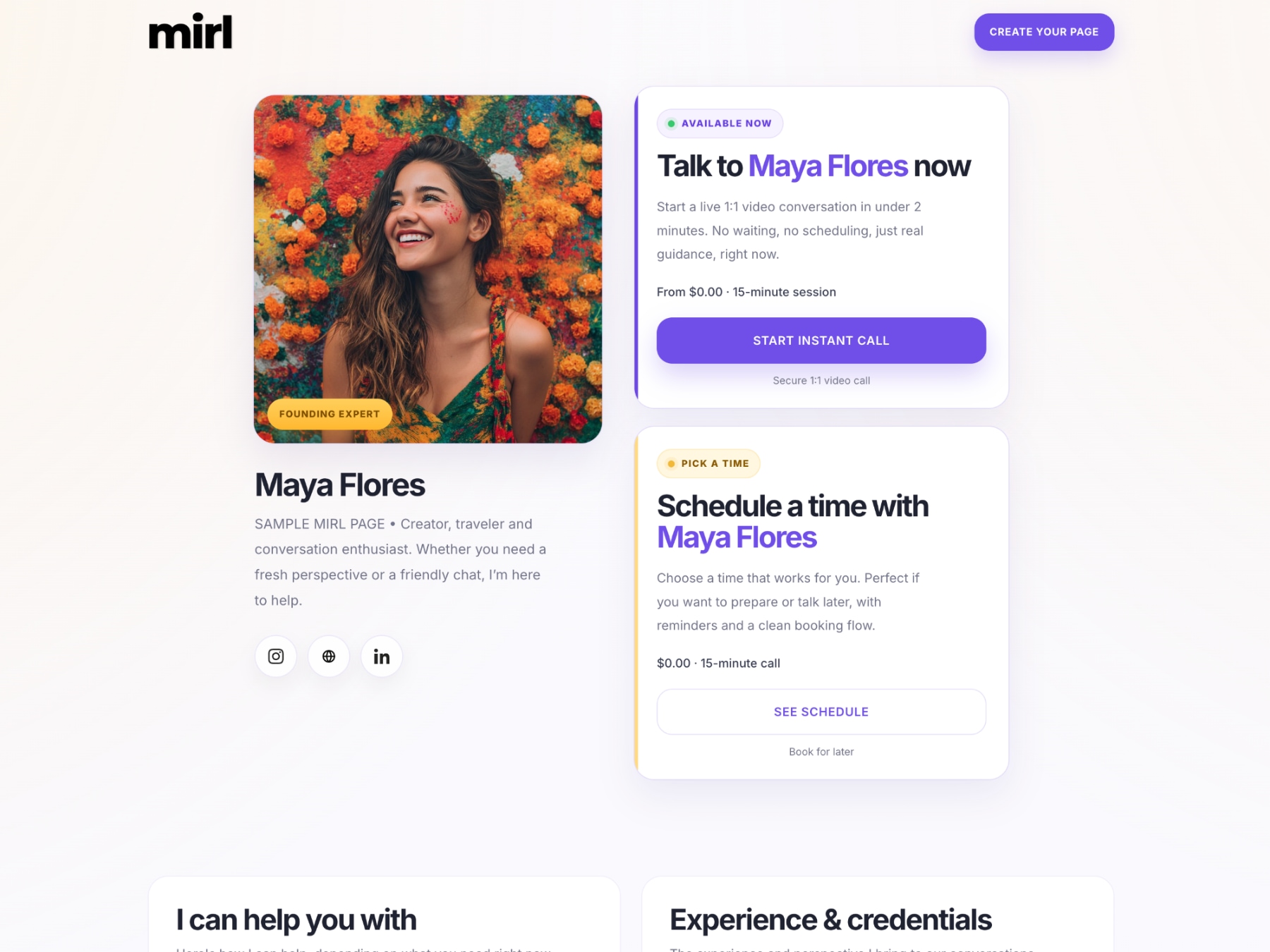 Live MIRL Page example showing instant and scheduled calls